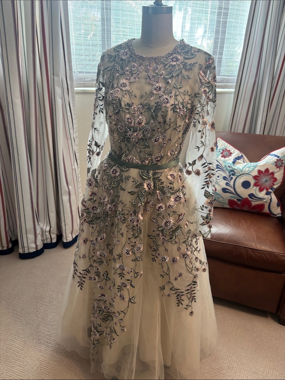 Mac Duggal Embellished Champagne and Green Floral Maxi Gown